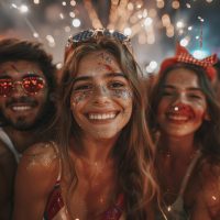 some happy people are celebrating the 4th of July USA fireworks, American symbols, American flag, happy expressions, dynamic pose, in the style of photo-realistic hyperbole, transavanguardia, ,lightbox, photo taken with nikon d750, photo-realistic landscapes., Shot using a Hasselblad camera, ISO 100. Professional color grading. Crystal clear feel. Soft shadows. Clean sharp focus. High - end retouching. magazine photography. Award winning photography. Advertising photography. Commercial photography --ar 3:2 --style raw --stylize 500 Job ID: b8277a7c-4992-4da8-97e9-2c9a58107515